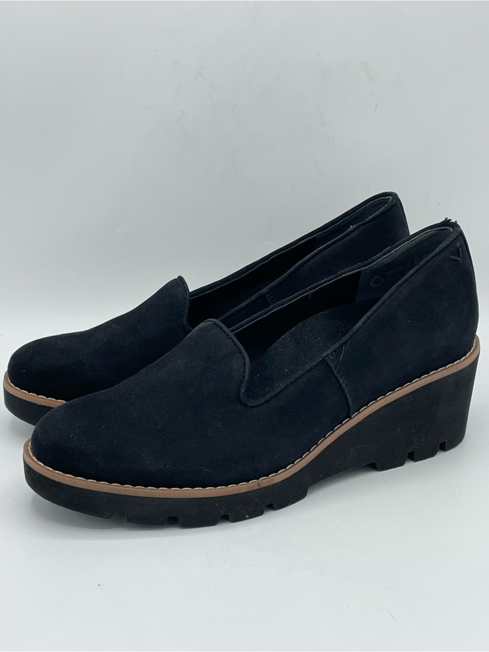 Vionic Willa Black Suede Wedge Loafers - Slip-On Comfort.